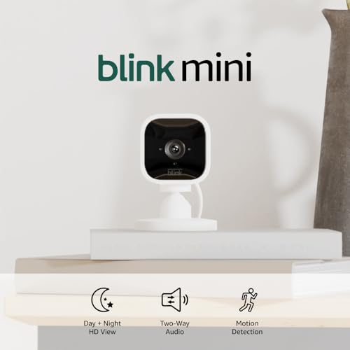 Blink Mini – Compact indoor plug-in smart security camera, 1080p HD video, night vision, motion detection, two-way audio, easy set up, Works with Alexa – 1 camera (White)